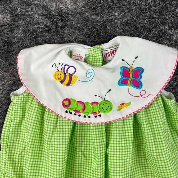 Vtg Copper Key Toddler 2T Collared Two-Piece Set Gingham Bee Embroidered Dress - Picture 2 of 11